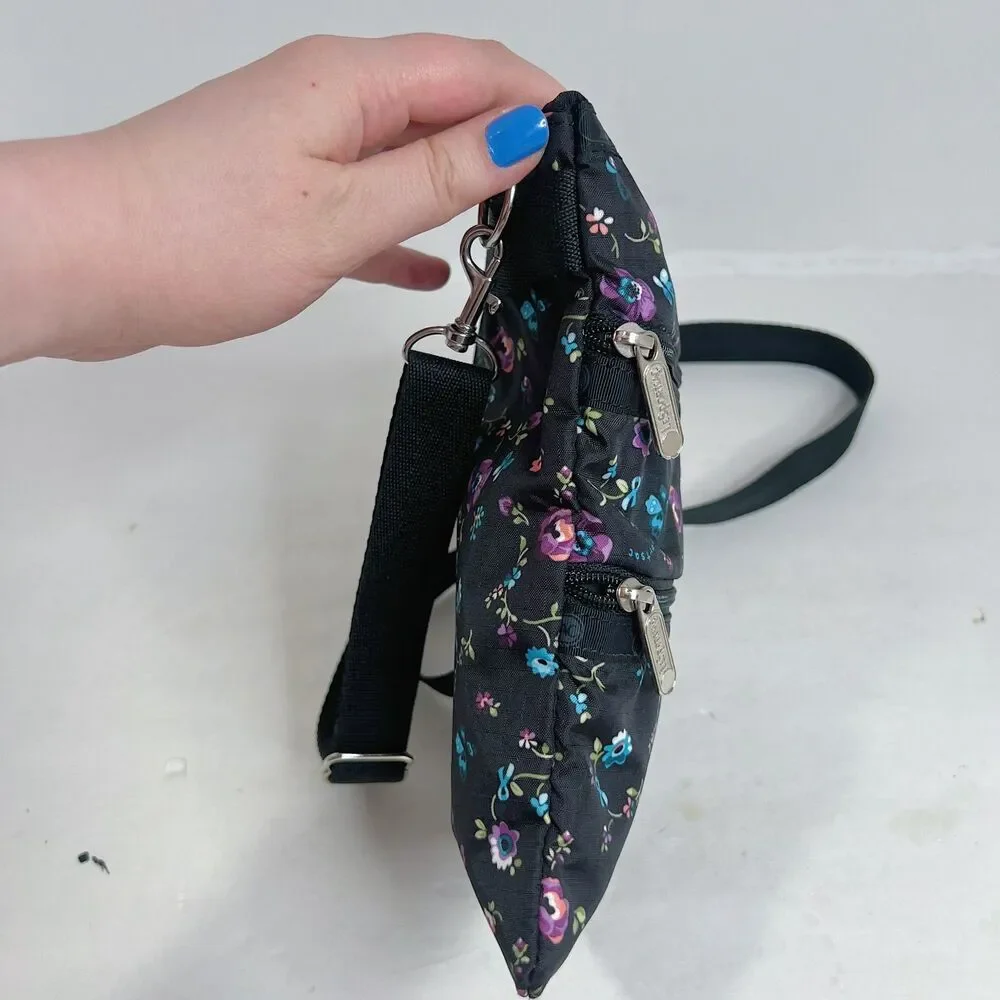 LeSportSac Black Purple and Blue Flowers Nylon Crossbody Bag Purse